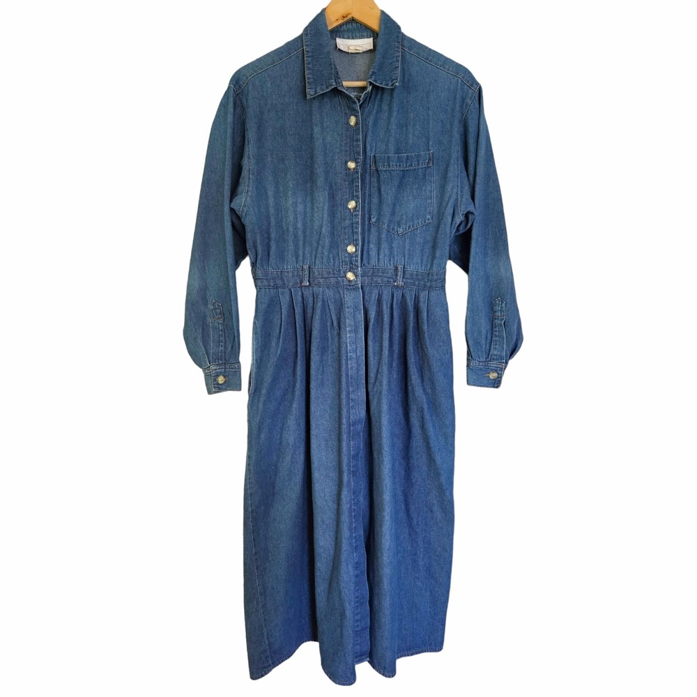 Vintage Nancy G Long Sleeve Denim Cinched Waist Midi Shirtdress 11 Large